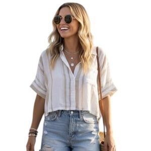 Thread & Supply Shirt Womens Large White Beige Striped Cropped Button Up Relaxed